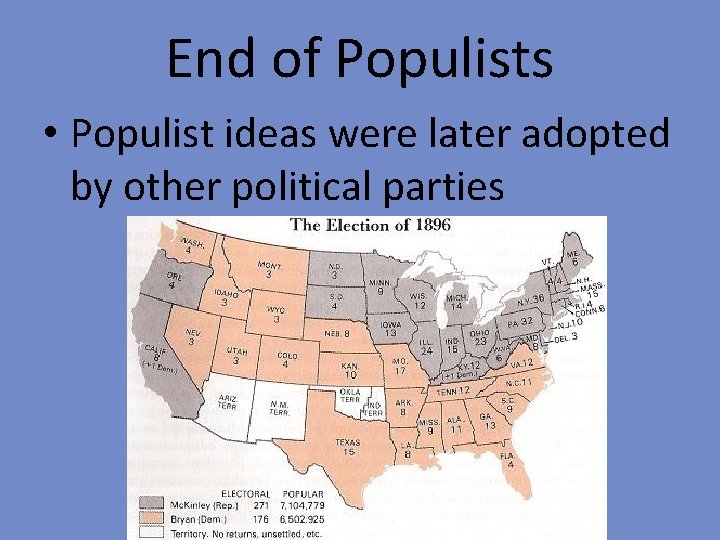 End of Populists • Populist ideas were later adopted by other political parties 