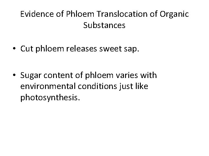 Evidence of Phloem Translocation of Organic Substances • Cut phloem releases sweet sap. •