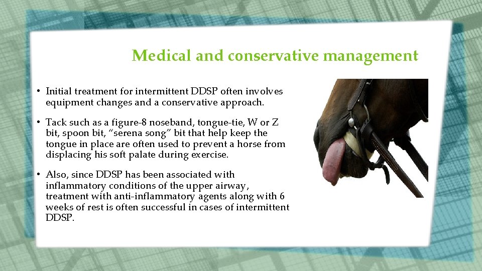 Medical and conservative management • Initial treatment for intermittent DDSP often involves equipment changes Medical and conservative management • Initial treatment for intermittent DDSP often involves equipment changes