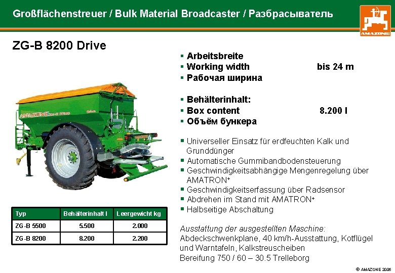 Großflächenstreuer / Bulk Material Broadcaster / Разбрасыватель ZG-B 8200 Drive § Arbeitsbreite § Working