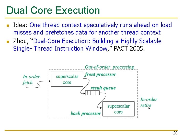 Dual Core Execution n n Idea: One thread context speculatively runs ahead on load