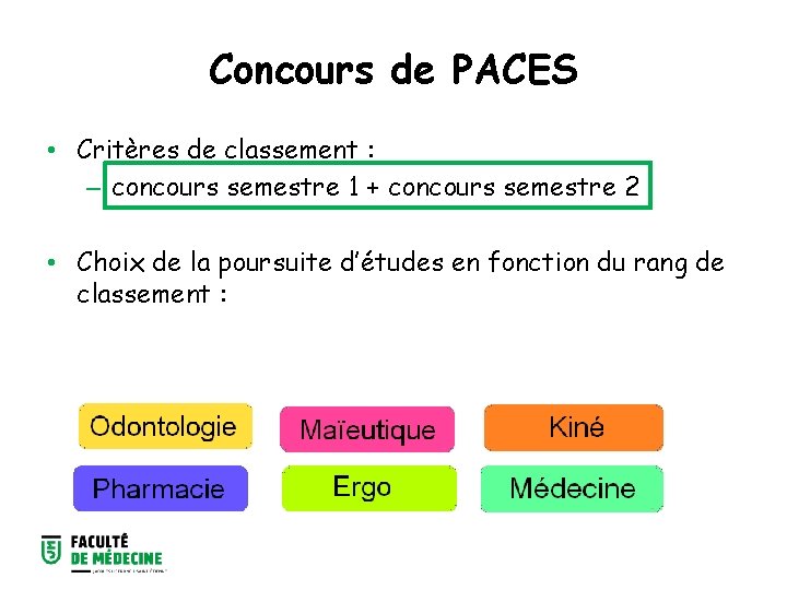 Concours de PACES • Critères de classement : – concours semestre 1 + concours