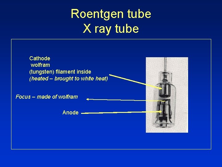 Roentgen tube X ray tube Cathode wolfram (tungsten) filament inside (heated – brought to