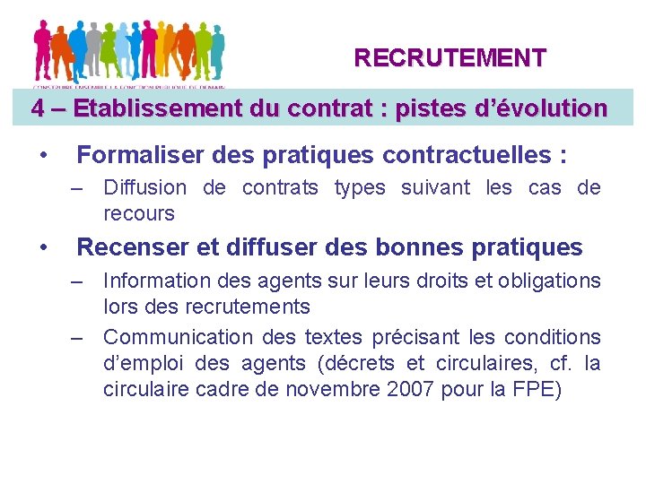 RECRUTEMENT 4 – Etablissement du contrat : pistes d’évolution Etablissement du contrat • Formaliser