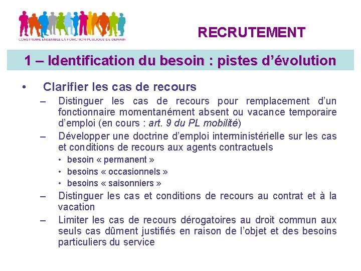 RECRUTEMENT 1 – Identification du besoin : pistes d’évolution • Clarifier les cas de