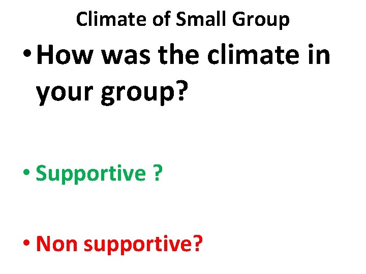 Climate of Small Group • How was the climate in your group? • Supportive