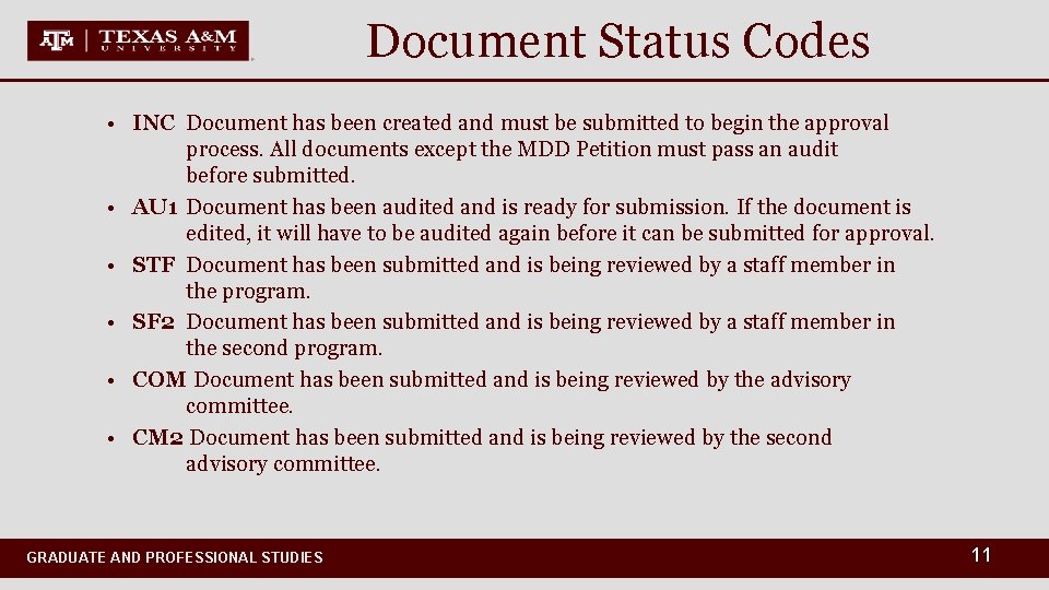 Document Status Codes • INC Document has been created and must be submitted to