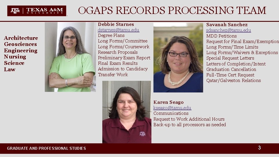 OGAPS RECORDS PROCESSING TEAM Architecture Geosciences Engineering Nursing Science Law Debbie Starnes dstarnes@tamu. edu