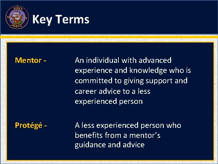 Key Terms Mentor - An individual with advanced experience and knowledge who is committed