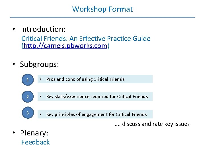 Workshop Format • Introduction: Critical Friends: An Effective Practice Guide (http: //camels. pbworks. com)