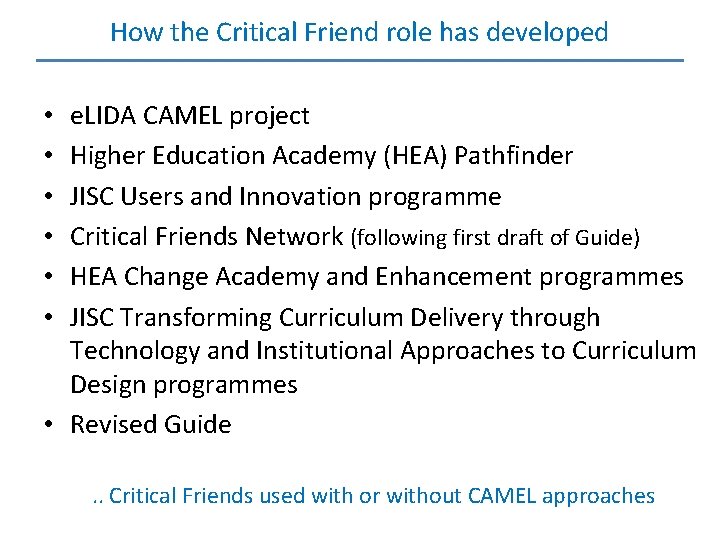 How the Critical Friend role has developed e. LIDA CAMEL project Higher Education Academy