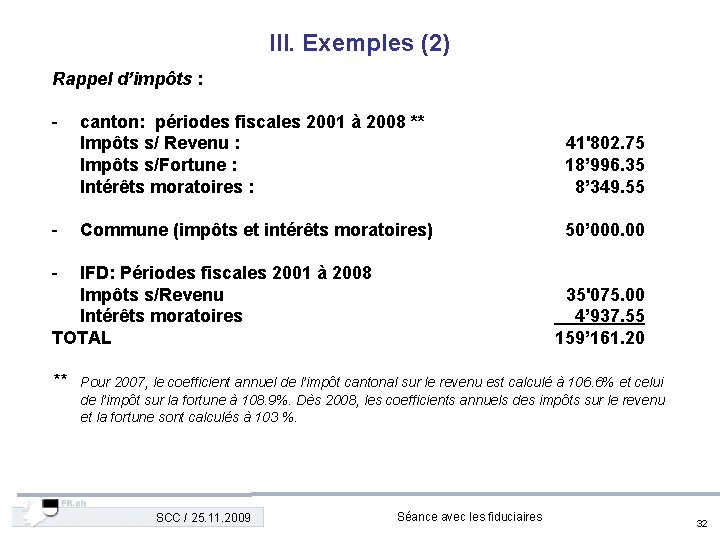 III. Exemples (2) Rappel d’impôts : - - canton: périodes fiscales 2001 à 2008