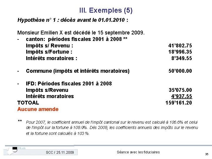 III. Exemples (5) Hypothèse n° 1 : décès avant le 01. 2010 : Monsieur