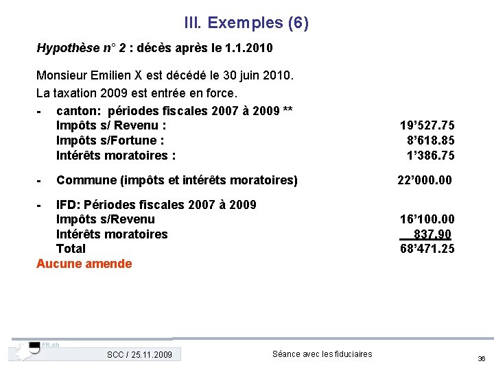 III. Exemples (6) Hypothèse n° 2 : décès après le 1. 1. 2010 Monsieur