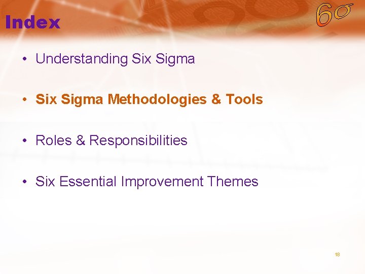 Index • Understanding Six Sigma • Six Sigma Methodologies & Tools • Roles &