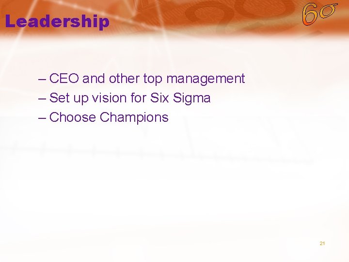 Leadership – CEO and other top management – Set up vision for Six Sigma