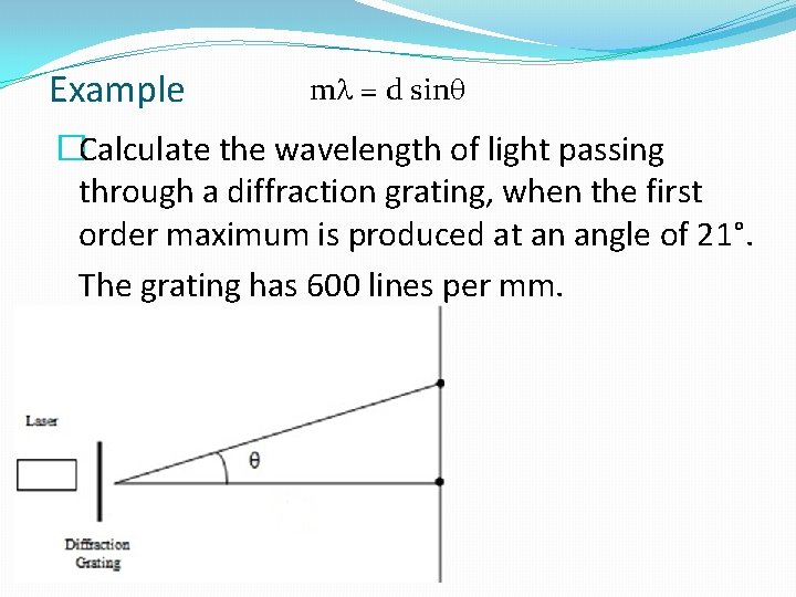 Example ml = d sinq �Calculate the wavelength of light passing through a diffraction