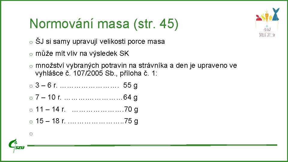 Normování masa (str. 45) o ŠJ si samy upravují velikosti porce masa o může Normování masa (str. 45) o ŠJ si samy upravují velikosti porce masa o může