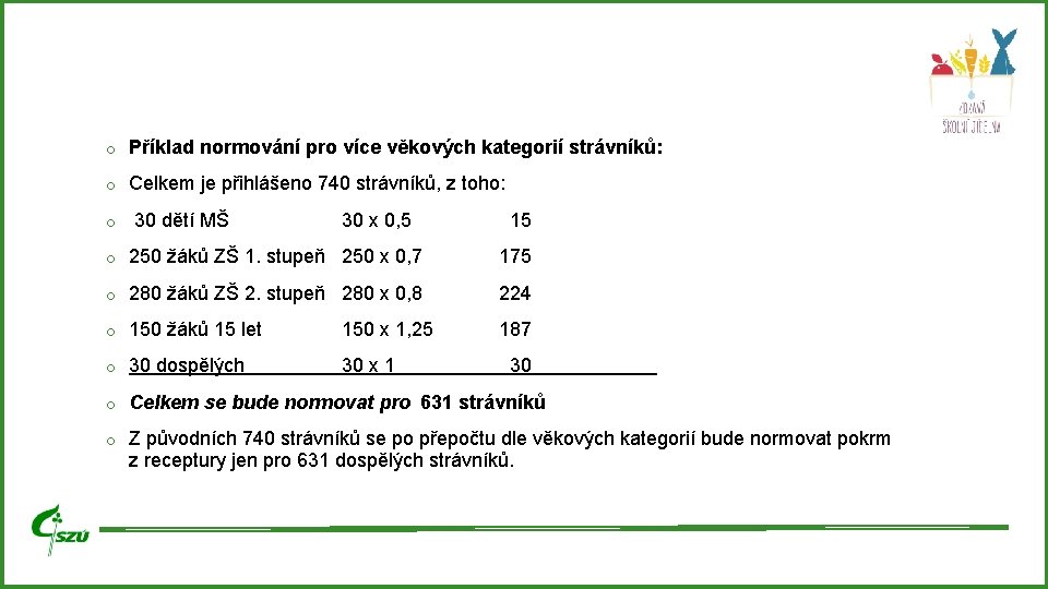 o Příklad normování pro více věkových kategorií strávníků: o Celkem je přihlášeno 740 strávníků, o Příklad normování pro více věkových kategorií strávníků: o Celkem je přihlášeno 740 strávníků,