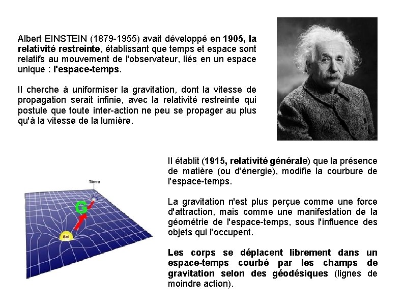 Albert EINSTEIN (1879 -1955) avait développé en 1905, la relativité restreinte, établissant que temps