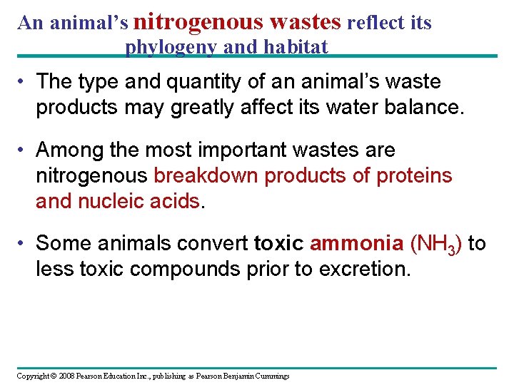 An animal’s nitrogenous wastes reflect its phylogeny and habitat • The type and quantity