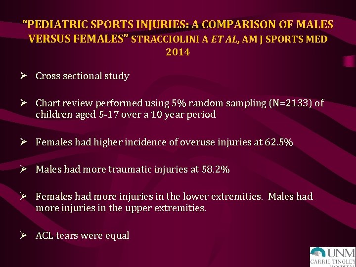 “PEDIATRIC SPORTS INJURIES: A COMPARISON OF MALES VERSUS FEMALES” STRACCIOLINI A ET AL, AM