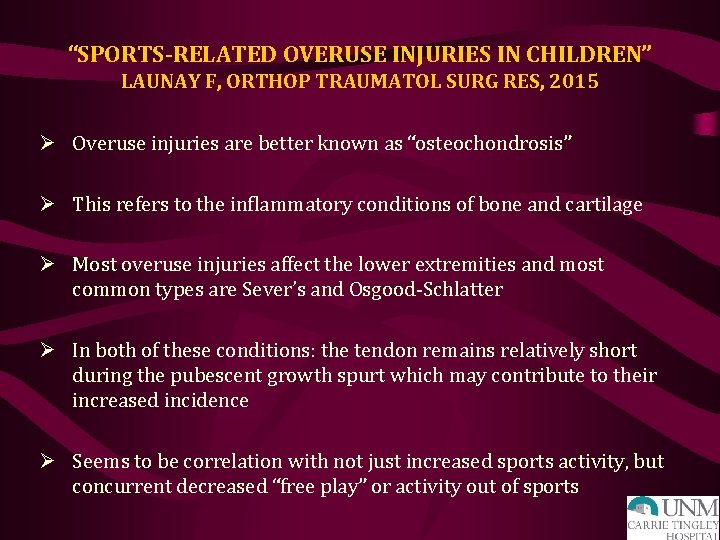 “SPORTS-RELATED OVERUSE INJURIES IN CHILDREN” LAUNAY F, ORTHOP TRAUMATOL SURG RES, 2015 Ø Overuse