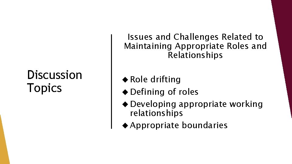Issues and Challenges Related to Maintaining Appropriate Roles and Relationships Discussion Topics Role drifting