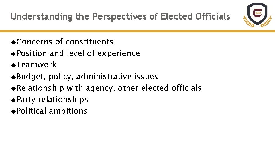 Understanding the Perspectives of Elected Officials Concerns of constituents Position and level of experience