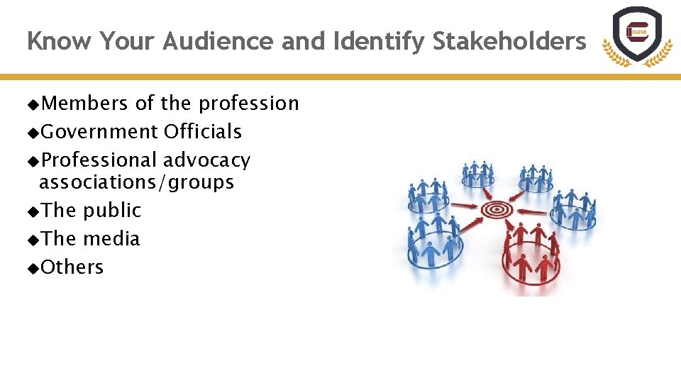 Know Your Audience and Identify Stakeholders Members of the profession Government Officials Professional advocacy