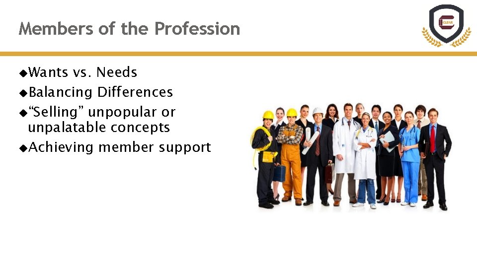 Members of the Profession Wants vs. Needs Balancing Differences “Selling” unpopular or unpalatable concepts