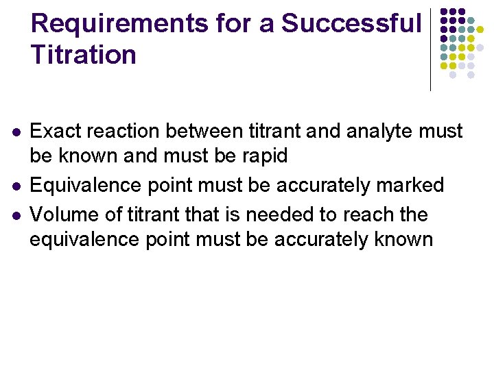 Requirements for a Successful Titration l l l Exact reaction between titrant and analyte