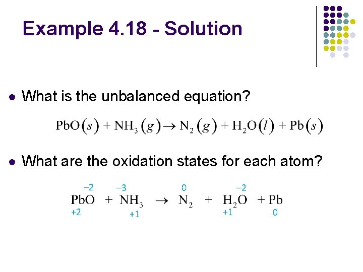 Example 4. 18 - Solution l What is the unbalanced equation? l What are