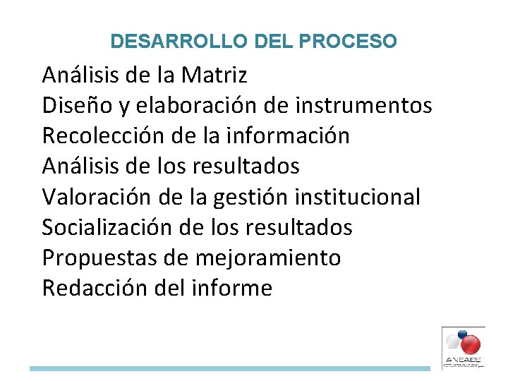 DESARROLLO DEL PROCESO Análisis de la Matriz Diseño y elaboración de instrumentos Recolección de
