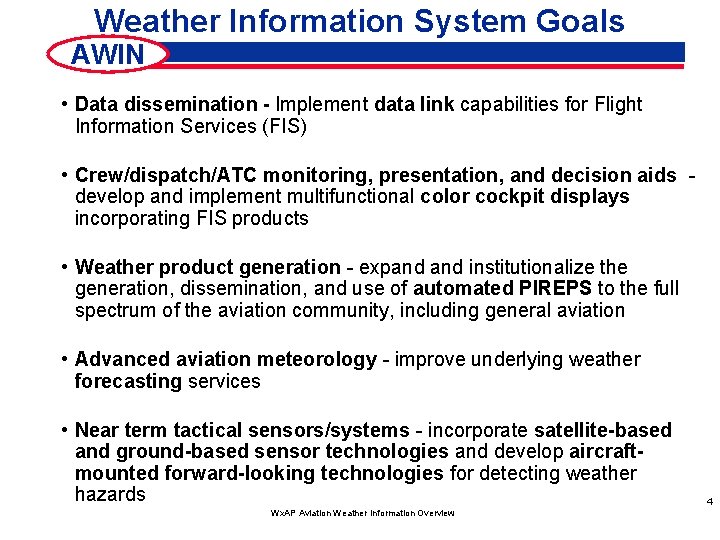 Weather Information System Goals AWIN • Data dissemination - Implement data link capabilities for