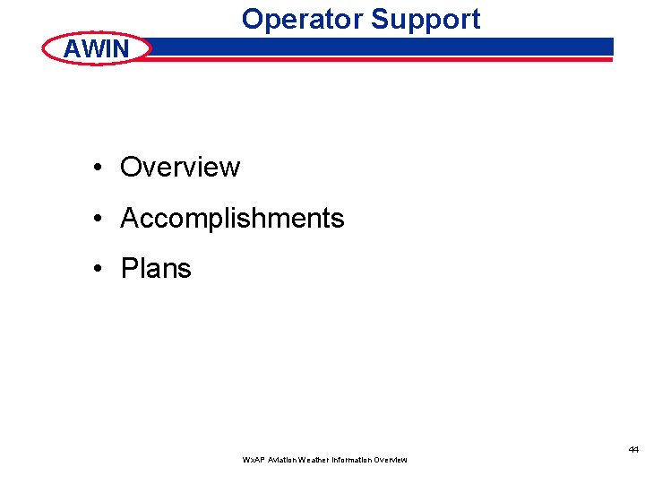 Operator Support AWIN • Overview • Accomplishments • Plans 44 Wx. AP Aviation Weather
