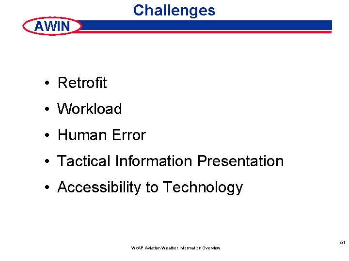 Challenges AWIN • Retrofit • Workload • Human Error • Tactical Information Presentation •