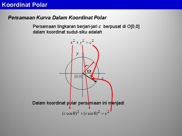 Koordinat Polar Persamaan Kurva Dalam Koordinat Polar Persamaan lingkaran berjari-jari c berpusat di O[0,