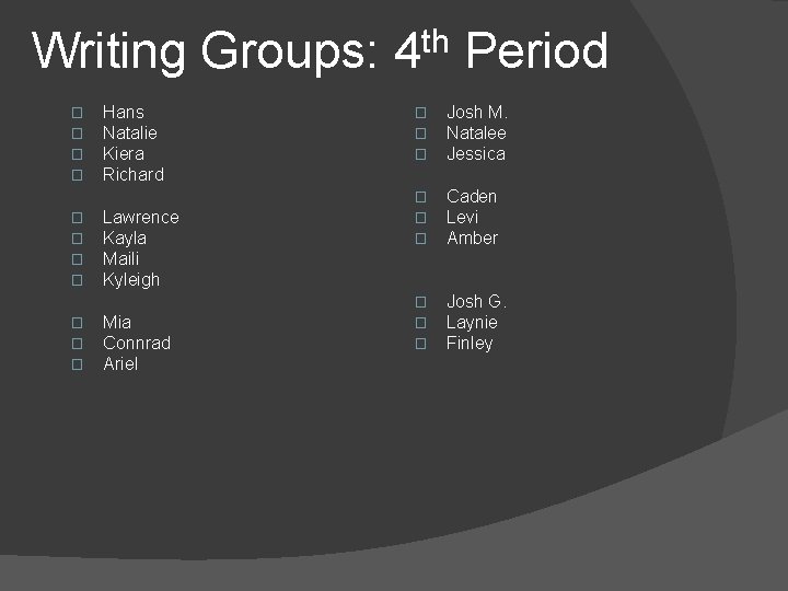 Writing Groups: 4 th Period � � � Hans Natalie Kiera Richard Lawrence Kayla