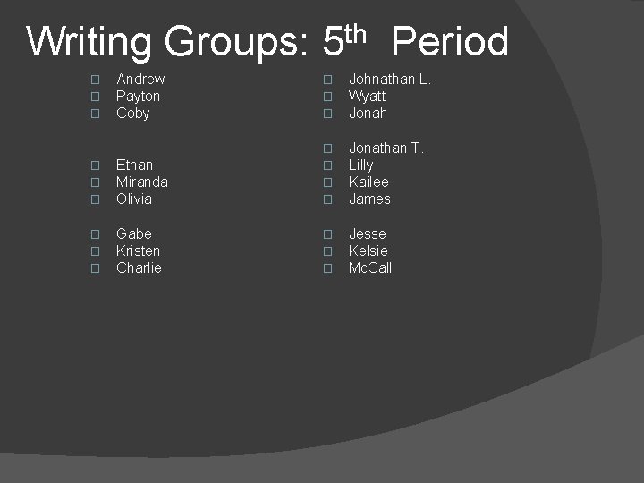 Writing Groups: 5 th Period Andrew Payton Coby � � � Johnathan L. Wyatt
