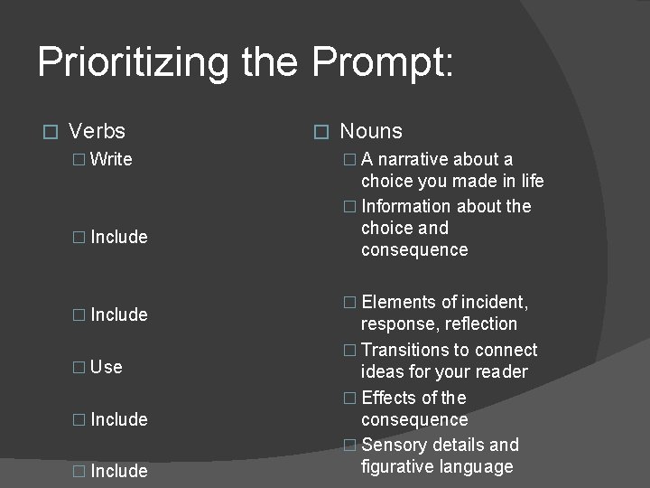 Prioritizing the Prompt: � Verbs � Write � Include � Use � Include �