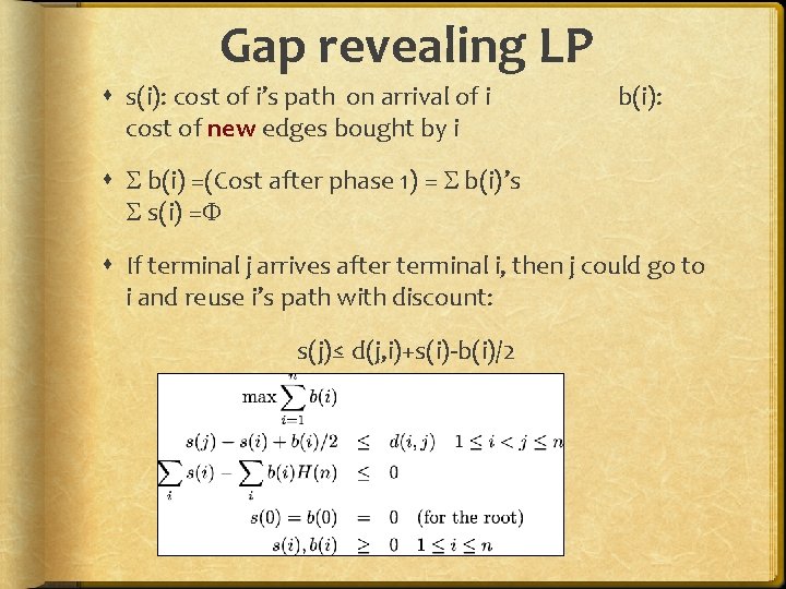 Gap revealing LP s(i): cost of i’s path on arrival of i cost of