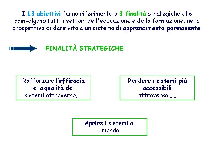 I 13 obiettivi fanno riferimento a 3 finalità strategiche coinvolgono tutti i settori dell'educazione