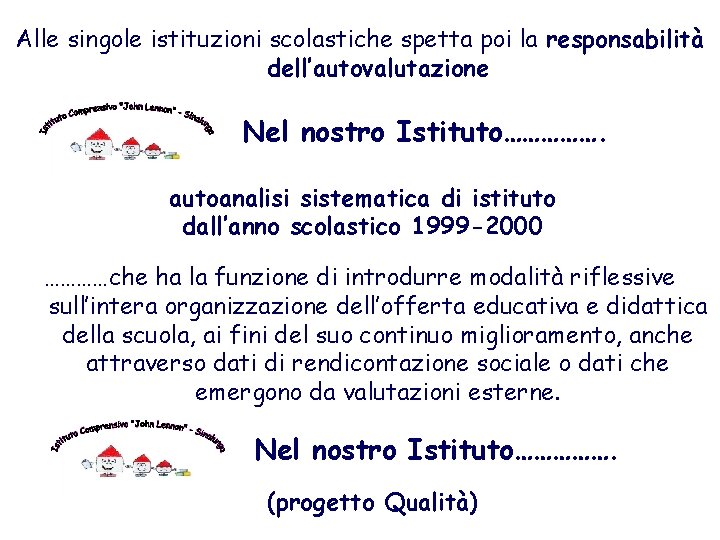 Alle singole istituzioni scolastiche spetta poi la responsabilità dell’autovalutazione Nel nostro Istituto……………. autoanalisi sistematica