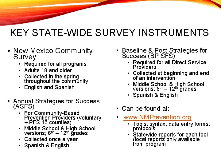 KEY STATE-WIDE SURVEY INSTRUMENTS • New Mexico Community Survey • Required for all programs