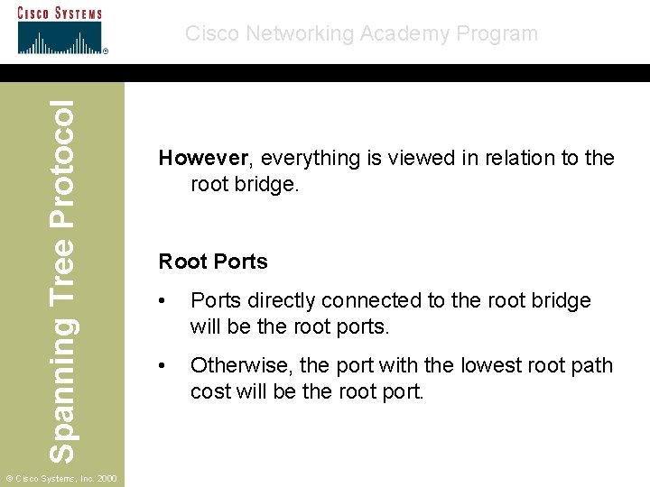 Spanning Tree Protocol Cisco Networking Academy Program © Cisco Systems, Inc. 2000 However, everything Spanning Tree Protocol Cisco Networking Academy Program © Cisco Systems, Inc. 2000 However, everything