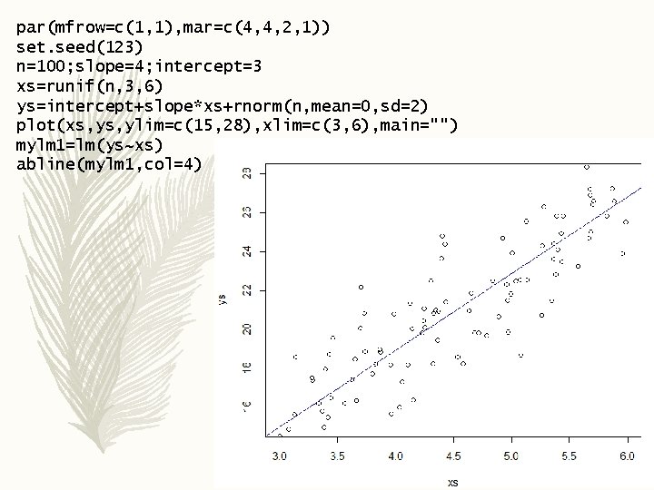 par(mfrow=c(1, 1), mar=c(4, 4, 2, 1)) set. seed(123) n=100; slope=4; intercept=3 xs=runif(n, 3, 6)