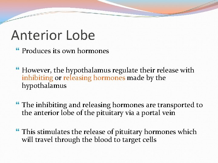 Anterior Lobe Produces its own hormones However, the hypothalamus regulate their release with inhibiting