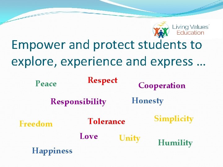 Empower and protect students to explore, experience and express … Peace Respect Cooperation Honesty