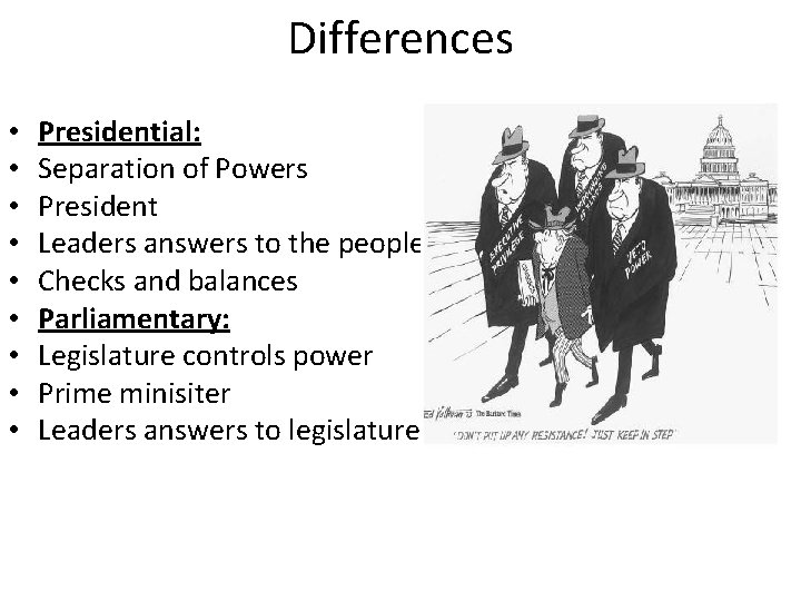 Differences • • • Presidential: Separation of Powers President Leaders answers to the people